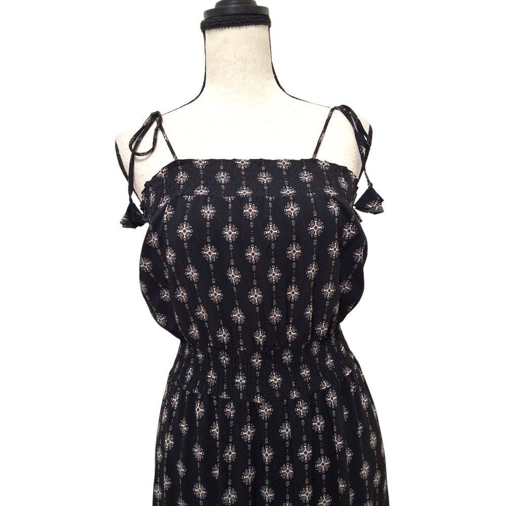 Misa Azalea Black Boho Floral Midi‎ Dress W/ Self-Tie Straps Smocked Waist Sz M - Picture 5 of 10